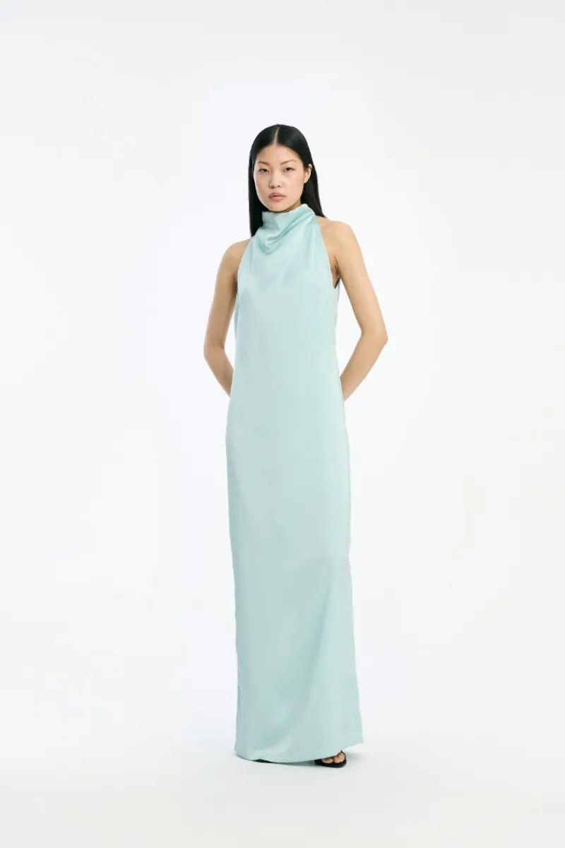 Bridal|Maxi Dress-ROTATE Birger Christensen Satin Halterneck Dress Dusty Blue Blue Haze color