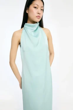 Bridal|Maxi Dress-ROTATE Birger Christensen Satin Halterneck Dress Dusty Blue Blue Haze color