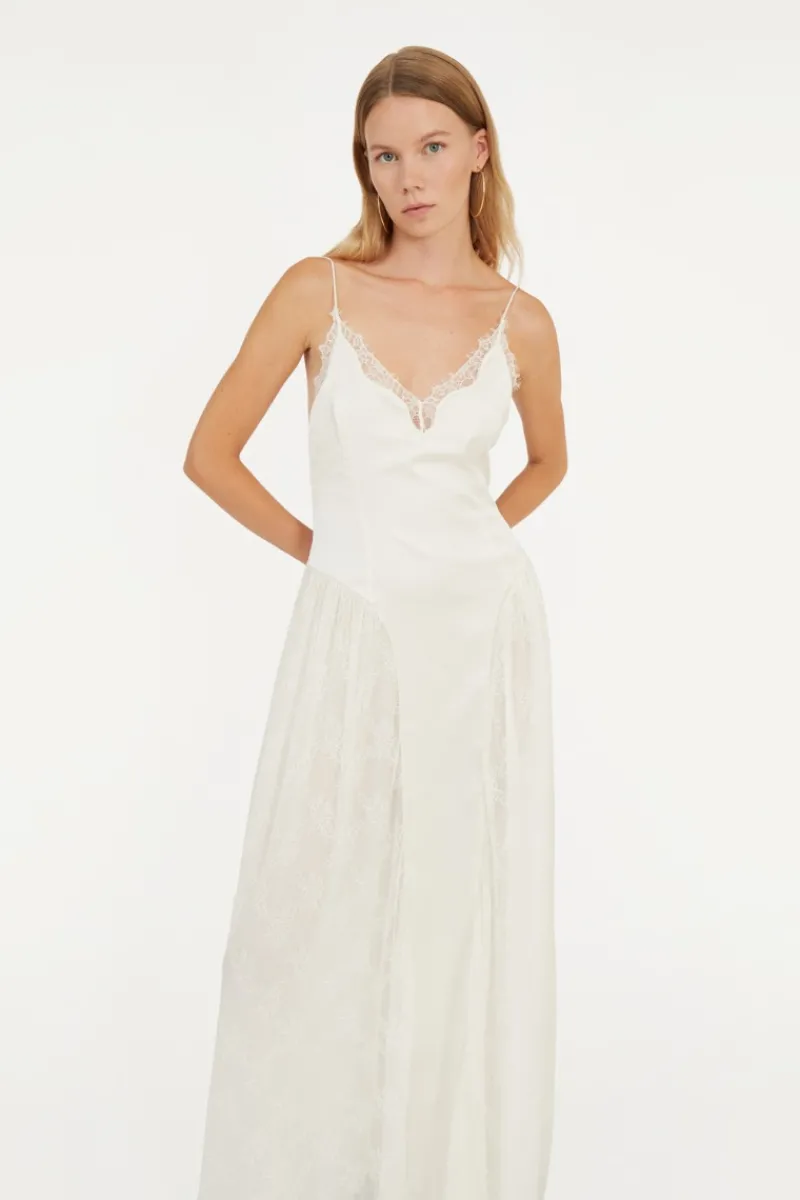 Bridal|Maxi Dress-ROTATE Birger Christensen Satin Lace Maxi Dress White Egret color