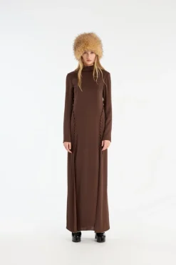 Maxi Dress|Dresses-ROTATE Birger Christensen Satin Maxi Ls Dress Dark Brown CHICORY COFFEE color
