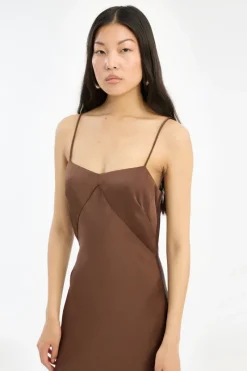 Maxi Dress-ROTATE Birger Christensen Satin Maxi Slip Dress Dark Brown Potting Soil color