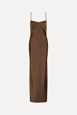 Maxi Dress-ROTATE Birger Christensen Satin Maxi Slip Dress Dark Brown Potting Soil color
