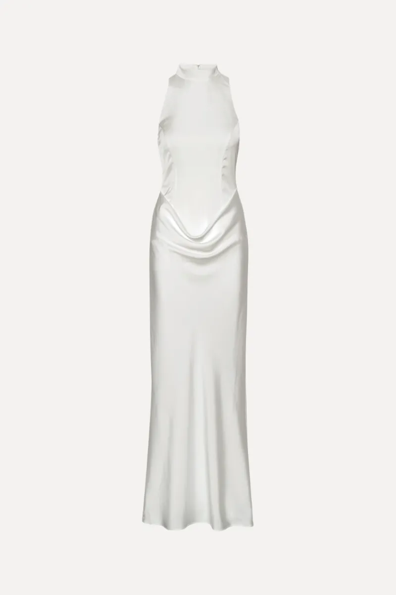 Maxi Dress|Dresses-ROTATE Birger Christensen Satin Maxi Train Dress White Egret color