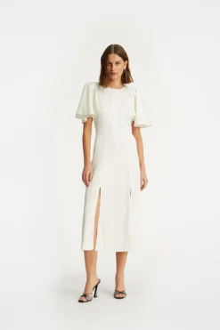 Bridal|Midi Dresses-ROTATE Birger Christensen Satin Midi Slit Dress Creme White Egret color