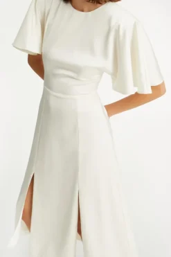 Bridal|Midi Dresses-ROTATE Birger Christensen Satin Midi Slit Dress Creme White Egret color