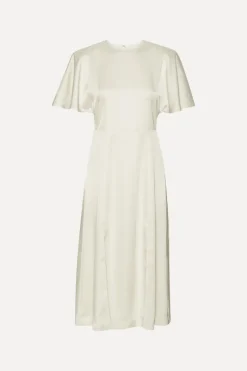 Bridal|Midi Dresses-ROTATE Birger Christensen Satin Midi Slit Dress Creme White Egret color