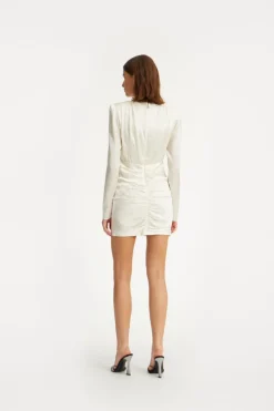 Bridal|Mini Dresses-ROTATE Birger Christensen Satin Mini Gathered Dress Creme White Egret color