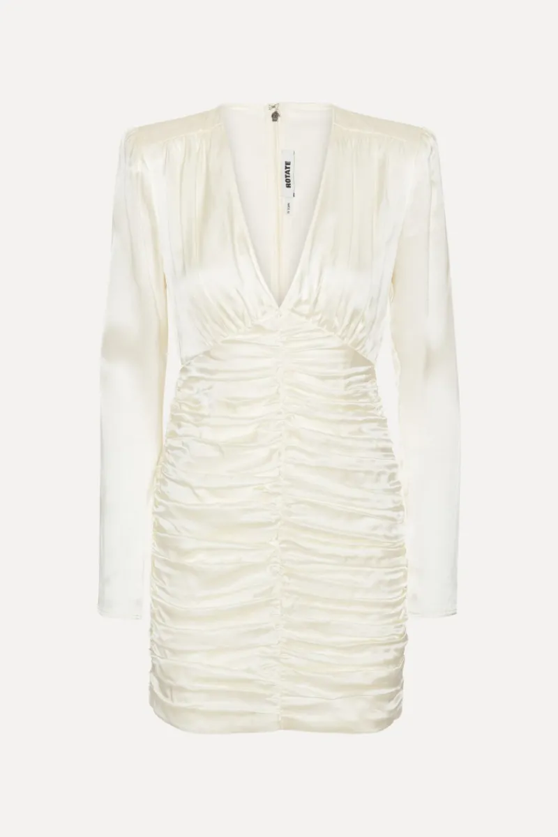 Bridal|Mini Dresses-ROTATE Birger Christensen Satin Mini Gathered Dress Creme White Egret color