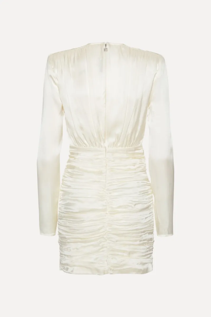 Bridal|Mini Dresses-ROTATE Birger Christensen Satin Mini Gathered Dress Creme White Egret color