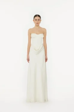Bridal|Maxi Dress-ROTATE Birger Christensen Satin Pearl Corset Dress White Egret color