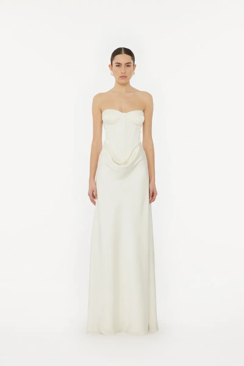 Bridal|Maxi Dress-ROTATE Birger Christensen Satin Pearl Corset Dress White Egret color