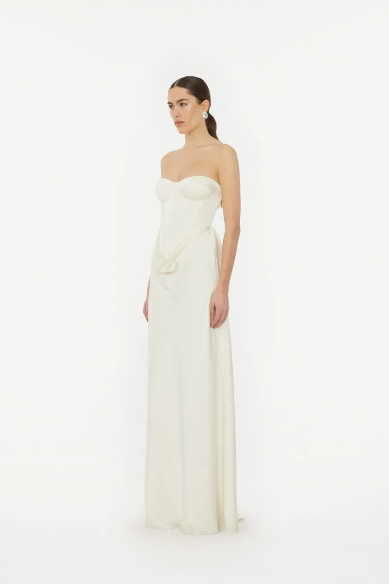 Bridal|Maxi Dress-ROTATE Birger Christensen Satin Pearl Corset Dress White Egret color