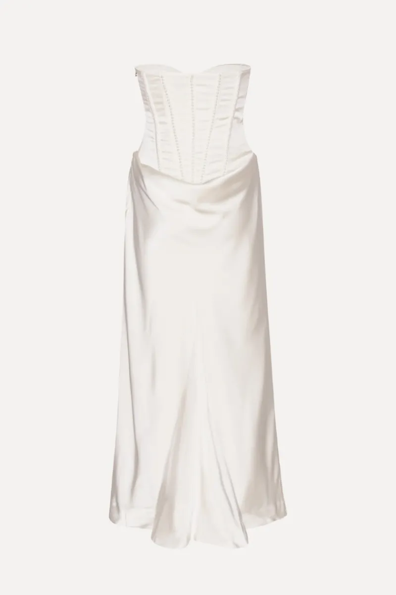 Bridal|Maxi Dress-ROTATE Birger Christensen Satin Pearl Corset Dress White Egret color