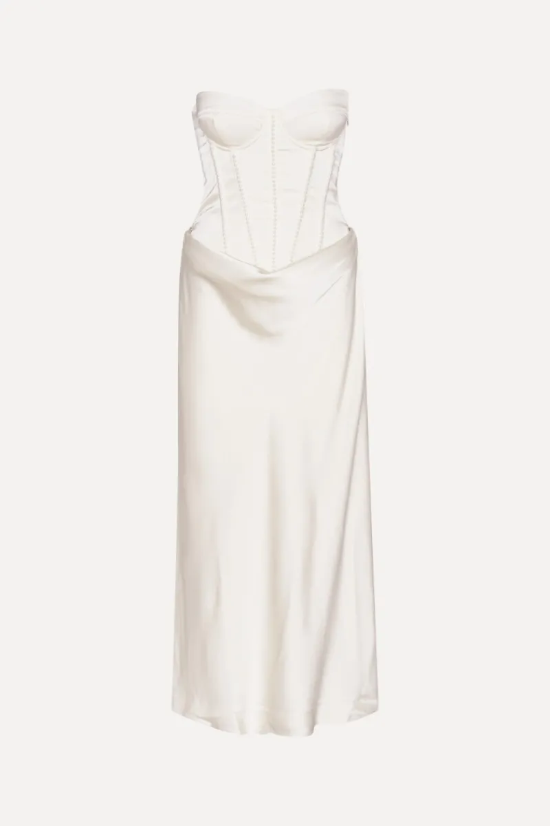 Bridal|Maxi Dress-ROTATE Birger Christensen Satin Pearl Corset Dress White Egret color