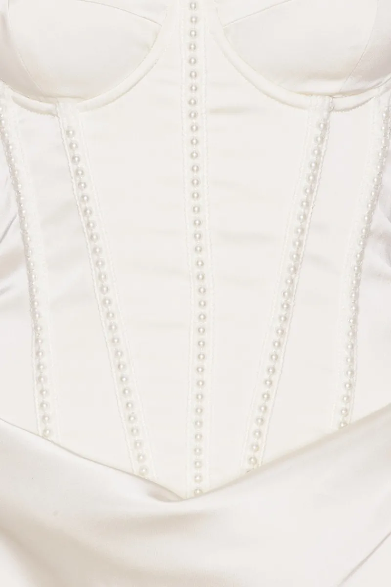 Bridal|Maxi Dress-ROTATE Birger Christensen Satin Pearl Corset Dress White Egret color