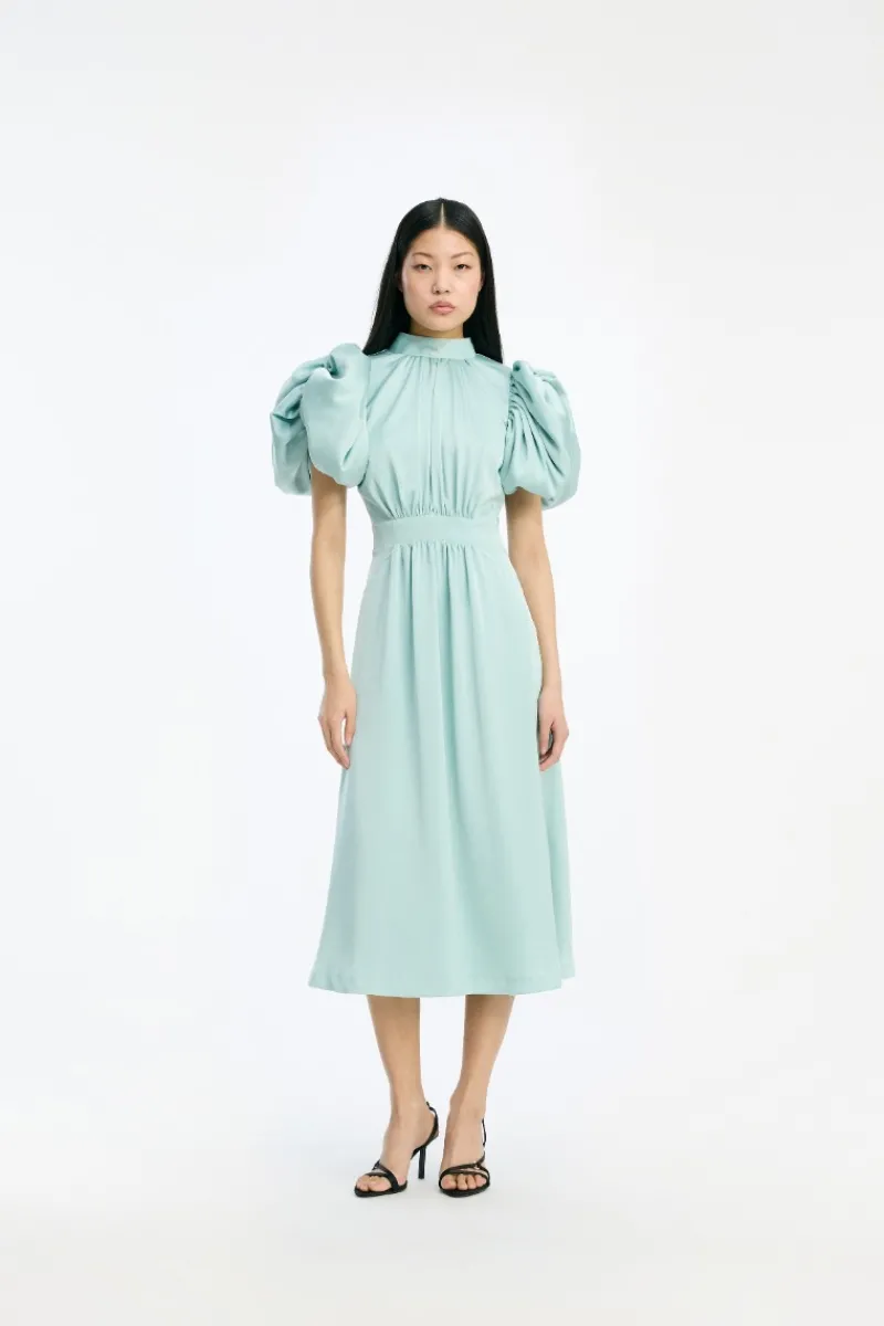 Maxi Dress|Dresses-ROTATE Birger Christensen Satin Puff Midi Dress Dusty Blue Blue Haze color