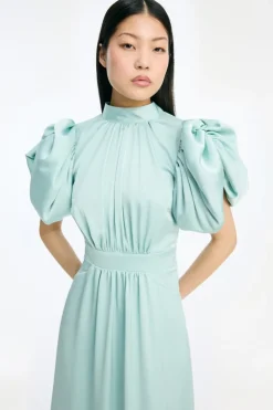 Maxi Dress|Dresses-ROTATE Birger Christensen Satin Puff Midi Dress Dusty Blue Blue Haze color