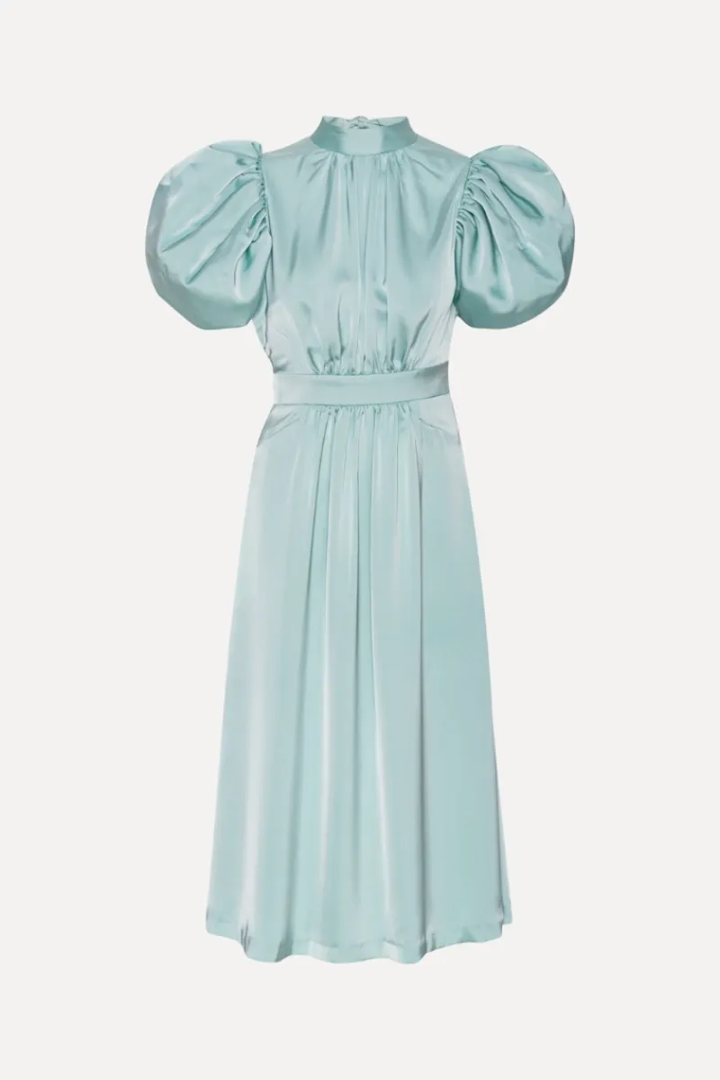 Maxi Dress|Dresses-ROTATE Birger Christensen Satin Puff Midi Dress Dusty Blue Blue Haze color