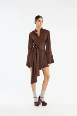 Midi Dresses|Mini Dresses-ROTATE Birger Christensen Satin Tie Shirt Dress Dark Brown CHICORY COFFEE color