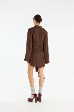 Midi Dresses|Mini Dresses-ROTATE Birger Christensen Satin Tie Shirt Dress Dark Brown CHICORY COFFEE color