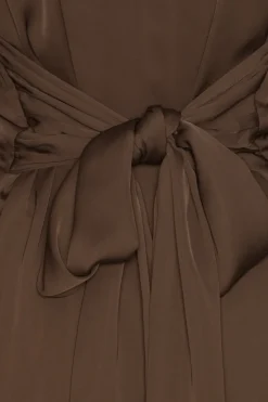 Midi Dresses|Mini Dresses-ROTATE Birger Christensen Satin Tie Shirt Dress Dark Brown CHICORY COFFEE color