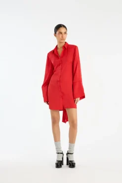 Mini Dresses|Dresses-ROTATE Birger Christensen Satin Tie Shirt Dress Red Racing Red color