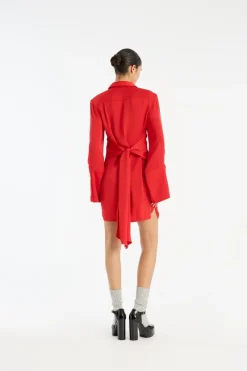 Mini Dresses|Dresses-ROTATE Birger Christensen Satin Tie Shirt Dress Red Racing Red color