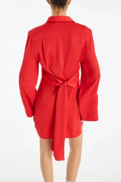 Mini Dresses|Dresses-ROTATE Birger Christensen Satin Tie Shirt Dress Red Racing Red color