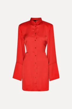 Mini Dresses|Dresses-ROTATE Birger Christensen Satin Tie Shirt Dress Red Racing Red color