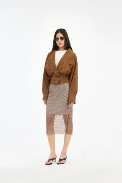 Skirts-ROTATE Birger Christensen Scallop Sequin Midi Skirt Taupe Gull Grey color