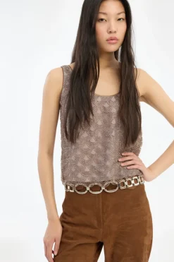 Tops-ROTATE Birger Christensen Scallop Sequin Top Taupe Gull Grey color