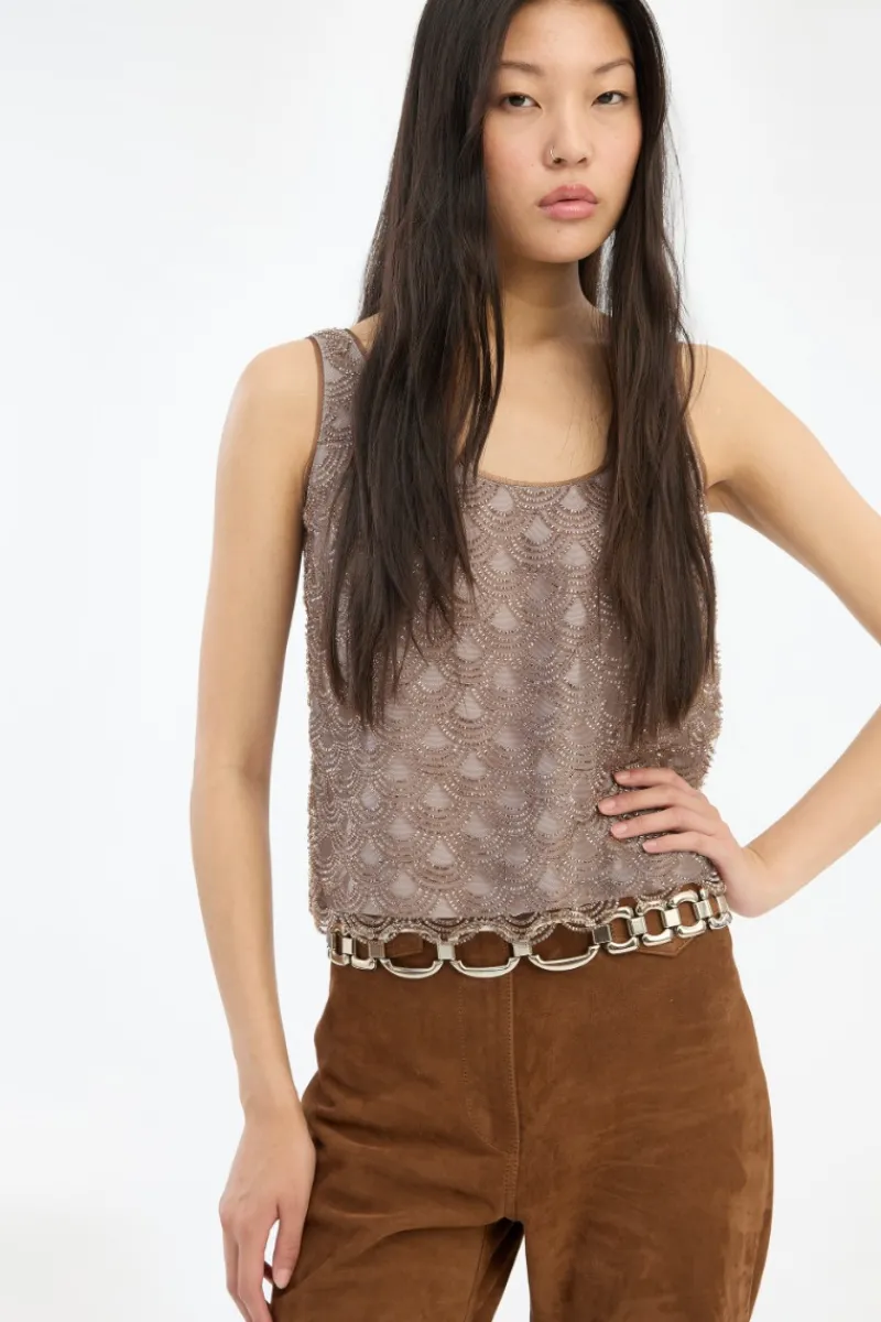 Tops-ROTATE Birger Christensen Scallop Sequin Top Taupe Gull Grey color