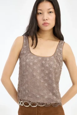 Tops-ROTATE Birger Christensen Scallop Sequin Top Taupe Gull Grey color
