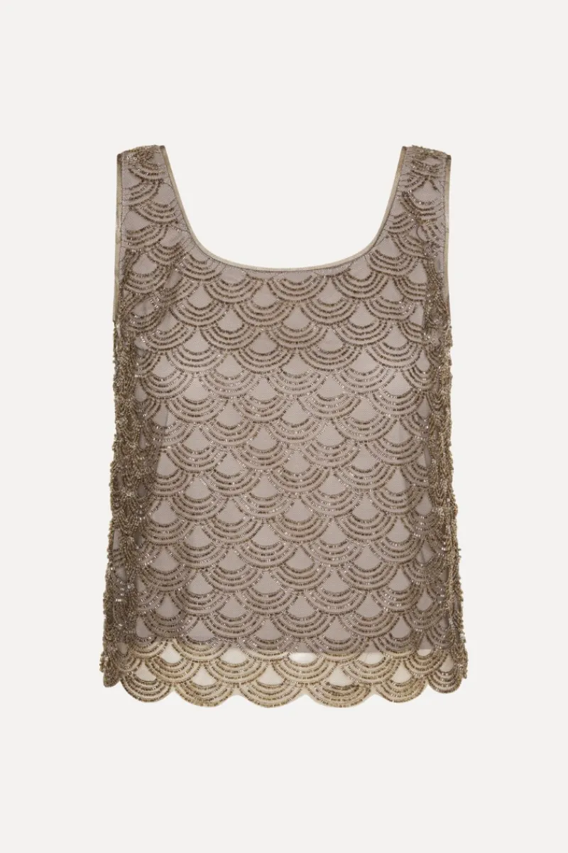 Tops-ROTATE Birger Christensen Scallop Sequin Top Taupe Gull Grey color