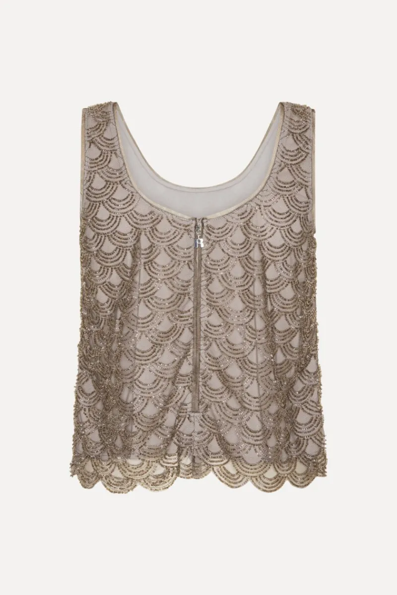 Tops-ROTATE Birger Christensen Scallop Sequin Top Taupe Gull Grey color