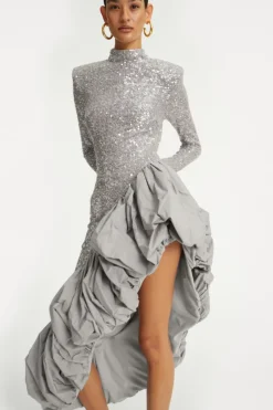 Sequins|Midi Dresses-ROTATE Birger Christensen Sequin Asymmetric Dress Grey Alloy (Light Gray) color