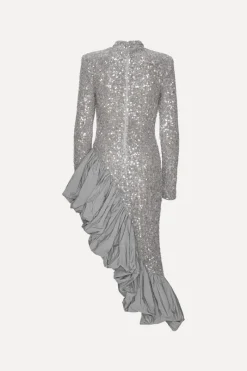Sequins|Midi Dresses-ROTATE Birger Christensen Sequin Asymmetric Dress Grey Alloy (Light Gray) color