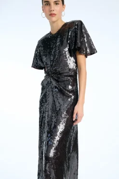 Sequins|Midi Dresses-ROTATE Birger Christensen Sequin Dress W. Slit Dark Brown Chocolate Plum (Brown) Comb. color
