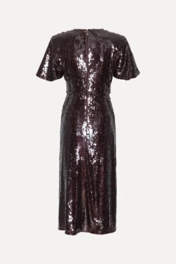 Sequins|Midi Dresses-ROTATE Birger Christensen Sequin Dress W. Slit Dark Brown Chocolate Plum (Brown) Comb. color