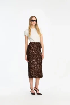Skirts-ROTATE Birger Christensen Sequin Pencil Skirt Dark Brown CHICORY COFFEE color