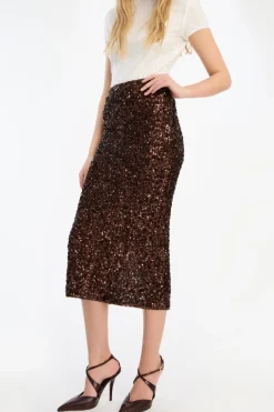 Skirts-ROTATE Birger Christensen Sequin Pencil Skirt Dark Brown CHICORY COFFEE color