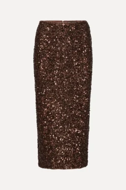 Skirts-ROTATE Birger Christensen Sequin Pencil Skirt Dark Brown CHICORY COFFEE color
