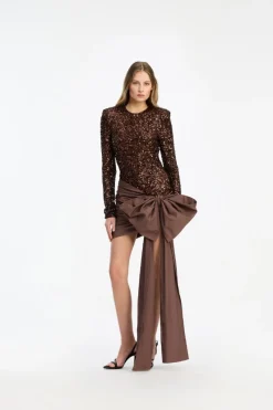 Sequins|Mini Dresses-ROTATE Birger Christensen Sequins Bow Mini Dress Dark Brown CHICORY COFFEE color