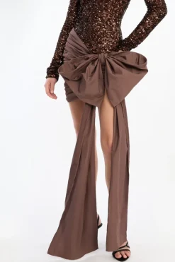 Sequins|Mini Dresses-ROTATE Birger Christensen Sequins Bow Mini Dress Dark Brown CHICORY COFFEE color