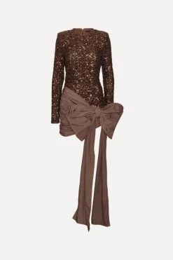 Sequins|Mini Dresses-ROTATE Birger Christensen Sequins Bow Mini Dress Dark Brown CHICORY COFFEE color