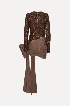 Sequins|Mini Dresses-ROTATE Birger Christensen Sequins Bow Mini Dress Dark Brown CHICORY COFFEE color