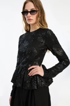 Tops-ROTATE Birger Christensen Sequins Ls Bubble Top Black Black color