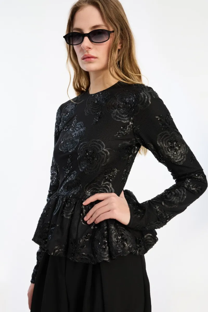 Tops-ROTATE Birger Christensen Sequins Ls Bubble Top Black Black color