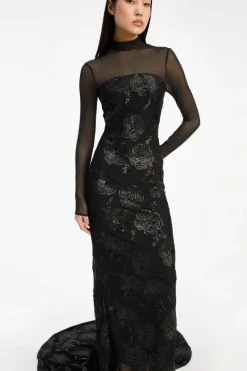 Sequins|Maxi Dress-ROTATE Birger Christensen Sequins Ls Maxi Dress Black Black color