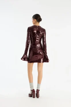 Sequins|Mini Dresses-ROTATE Birger Christensen Sequins Ls Mini Dress Burgundy Zinfandelcolor